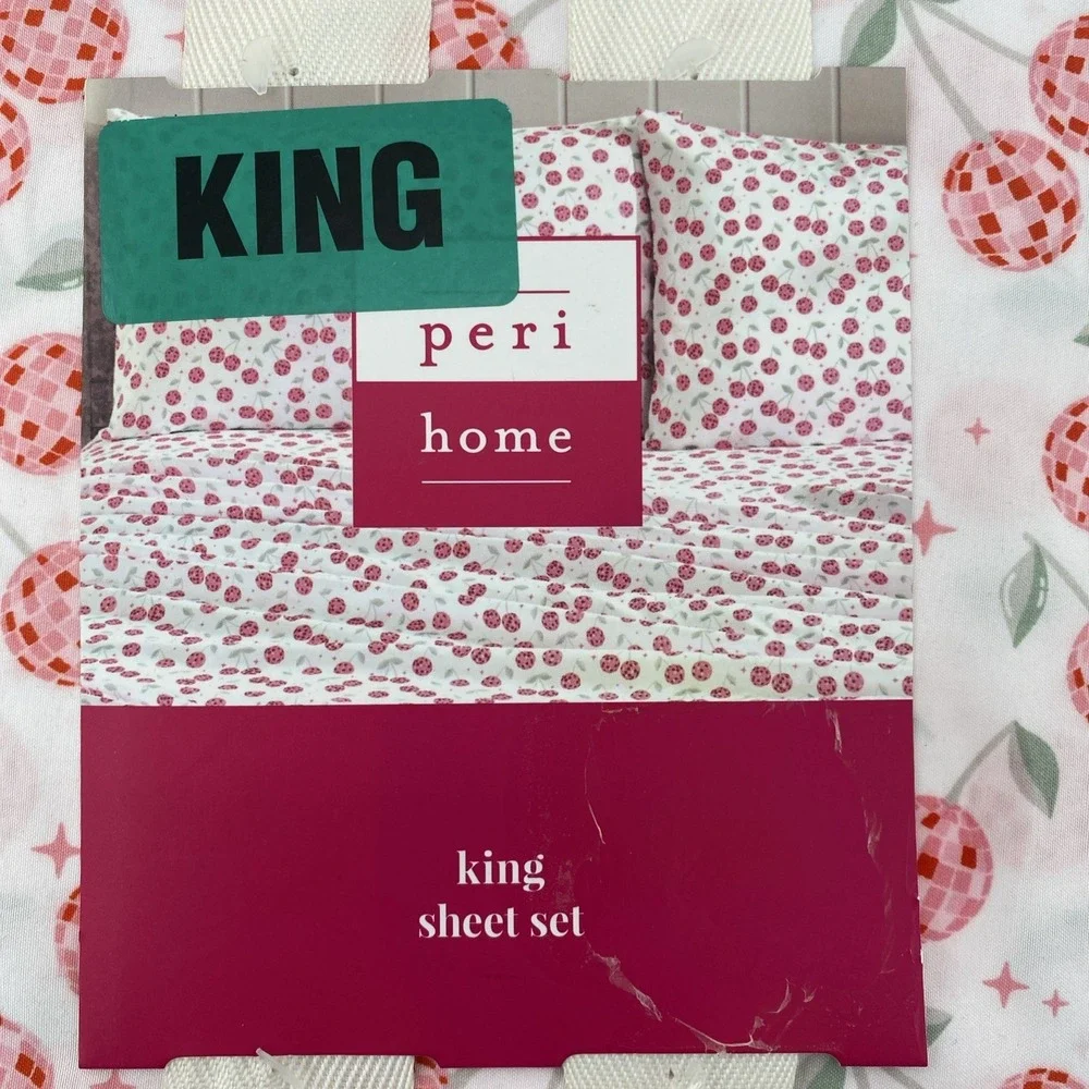 Peri Home Sheet Set KING White Pink Cherries Cherry Disco Balls Whimsical